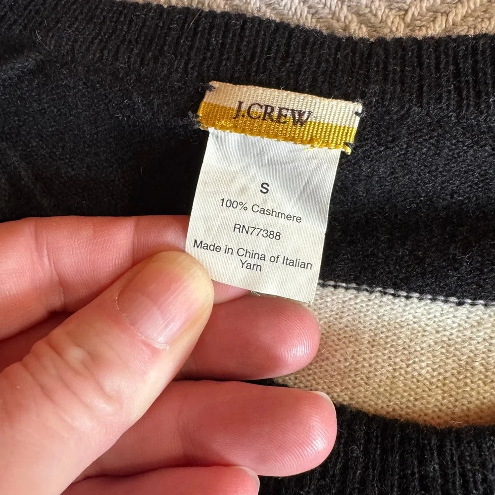 J.Crew 100%‎ Cashmere Striped Crown Sweater Black White Gold Button Shoulder S